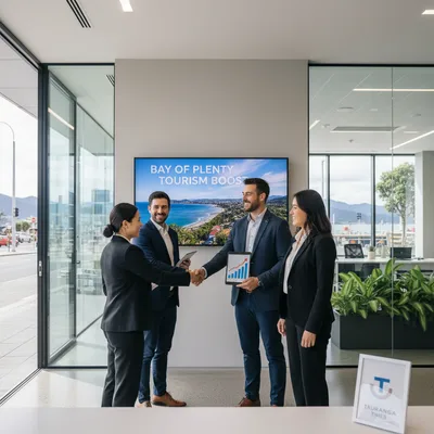 Modern coastal storefronts and relaxed tourists in Tauranga, Bay of Plenty, reflecting a tourism sector recovery.