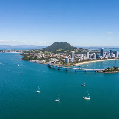 The vibrant city and harbour of Tauranga, a key centre within New Zealand's beautiful Bay of Plenty region, with Mount Maunganui visible in the distance.