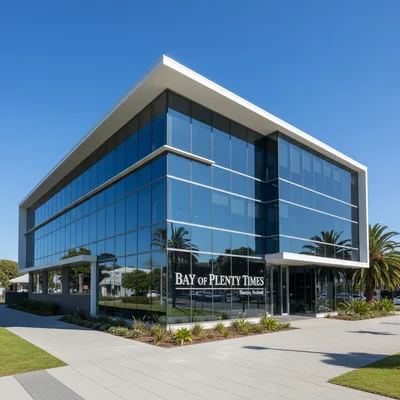 The modern office building exterior of the Bay of Plenty Times newspaper headquarters on a clear day in Tauranga.