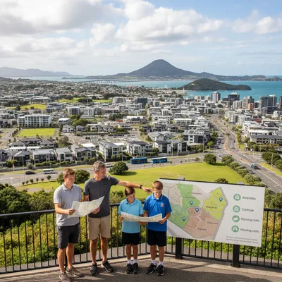 A Tauranga street with houses and trees, reflecting a realistic suburban neighborhood in natural lighting.