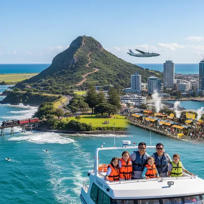 Mount Maunganui in Tauranga, New Zealand, with a scenic harbour and city skyline under natural daylight.