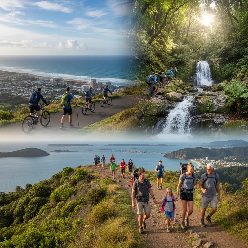 Scenic loop track on a mountain summit with views of Tauranga city and the harbor.