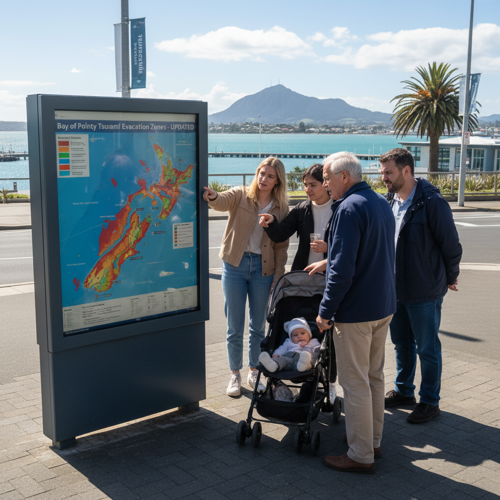 Drawn map showing coastal areas of Bay of Plenty with updated tsunami evacuation zones and new scientific modelling.