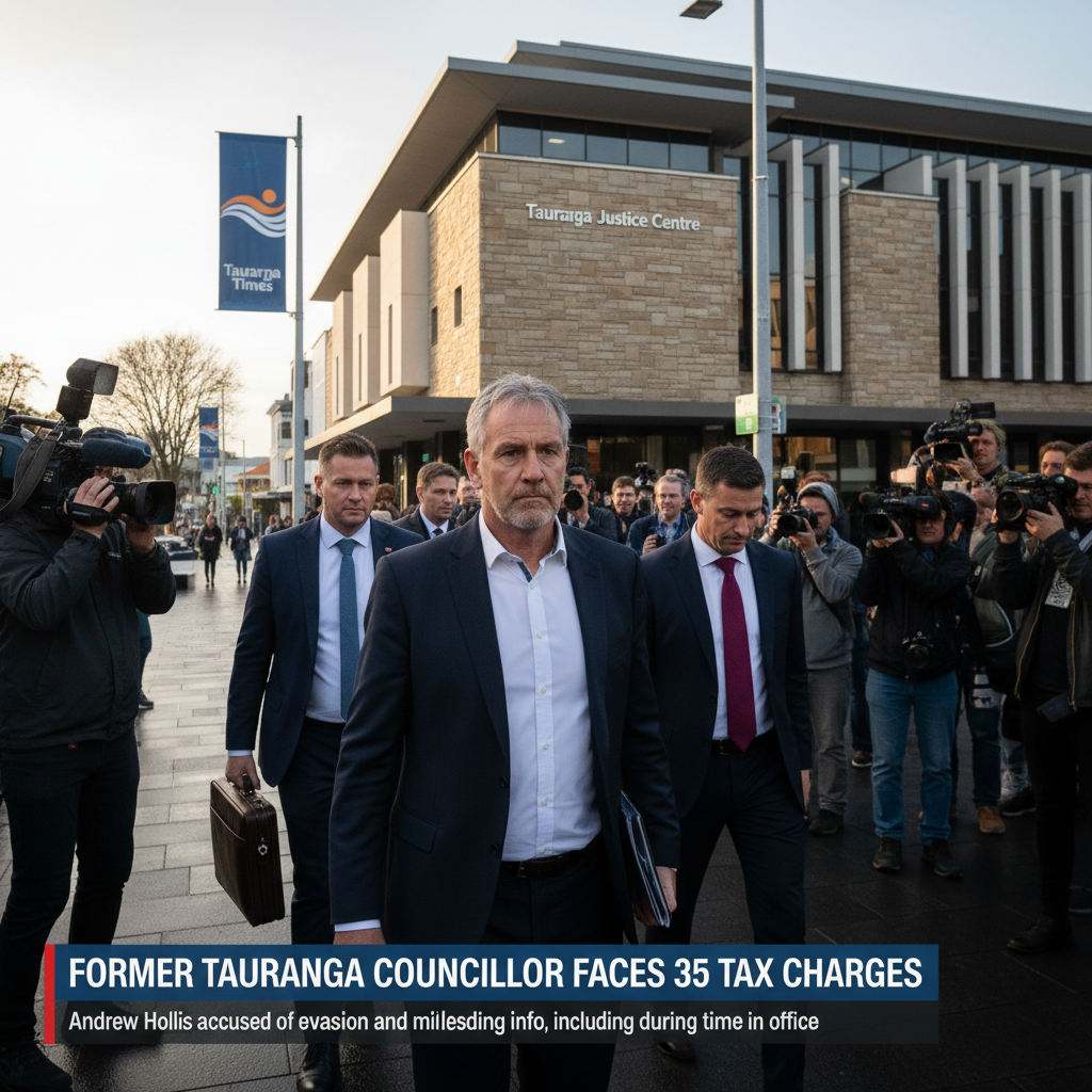 Andrew Hollis, a former Tauranga city councillor, is presented in a professional news photograph setting.