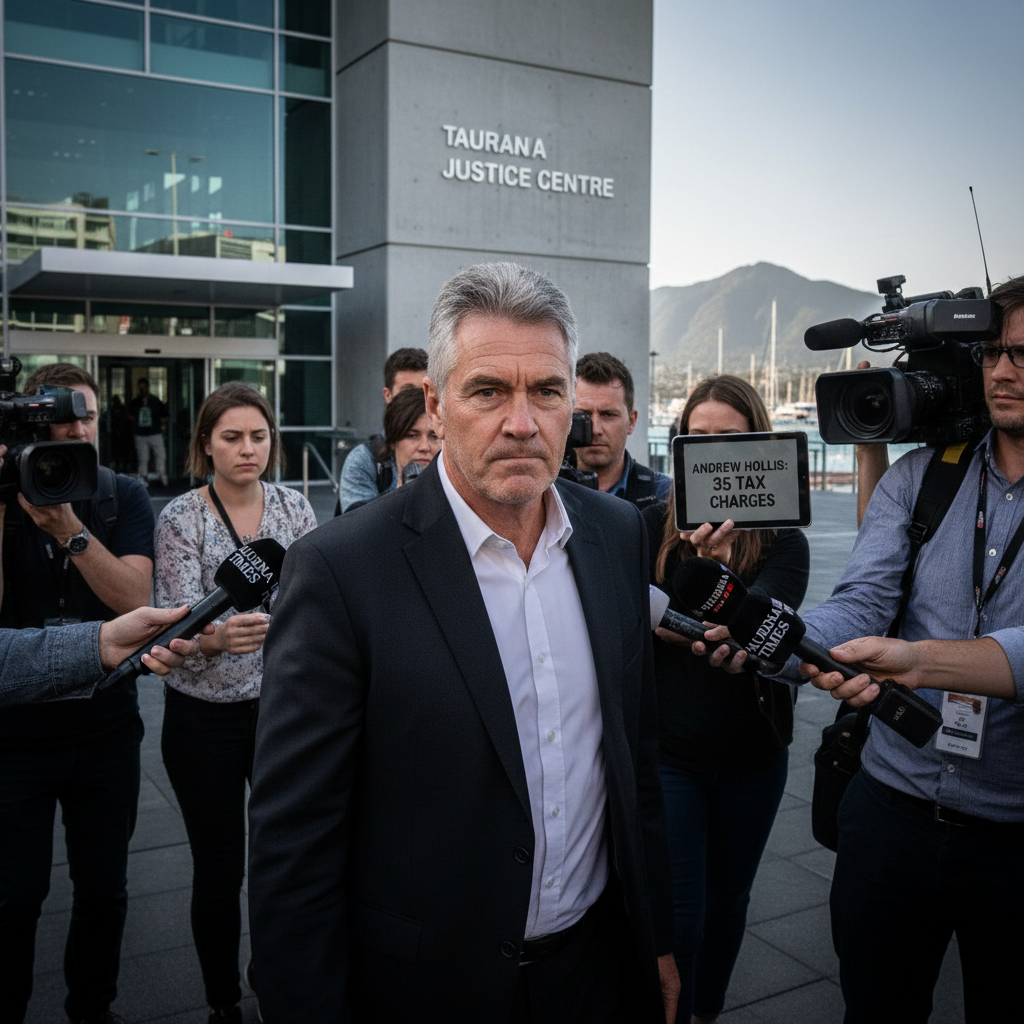 Andrew Hollis, a former city councillor, stands in a professional setting, facing serious tax evasion allegations.