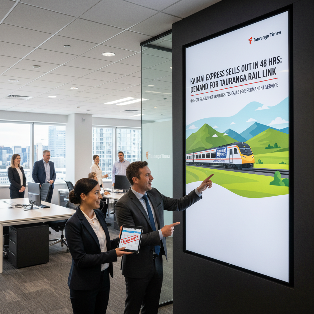 A modern office setting with a train speeding through a window in the background.