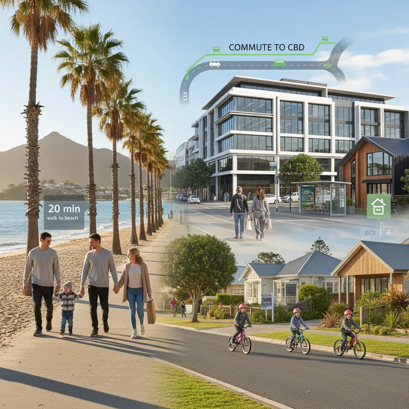Tauranga cityscape with diverse suburbs, showcasing residential areas and natural landscapes under natural lighting.