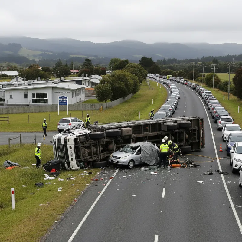 Truck and car collision on State Highway 29, Kaimai Range, causing highway closure.