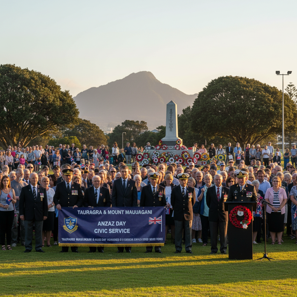 Anzac Day dawn service at Tauranga's Memorial Park with diverse attendees.