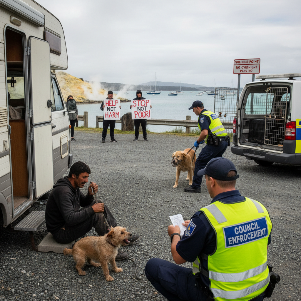 Council officers fine homeless individuals and seize dogs at a park in Tauranga.