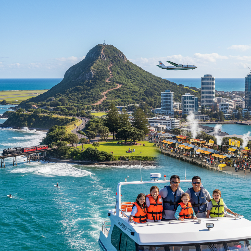 Mount Maunganui in Tauranga, New Zealand, with a scenic harbour and city skyline under natural daylight.