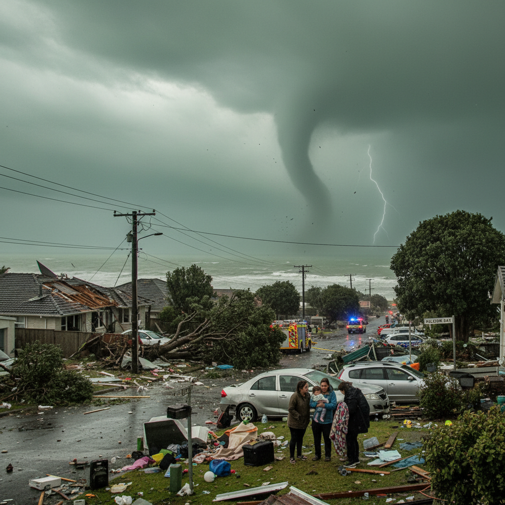 Tauranga’s Welcome Bay region shows significant damage from a surprise tornado striking amid severe weather warnings.